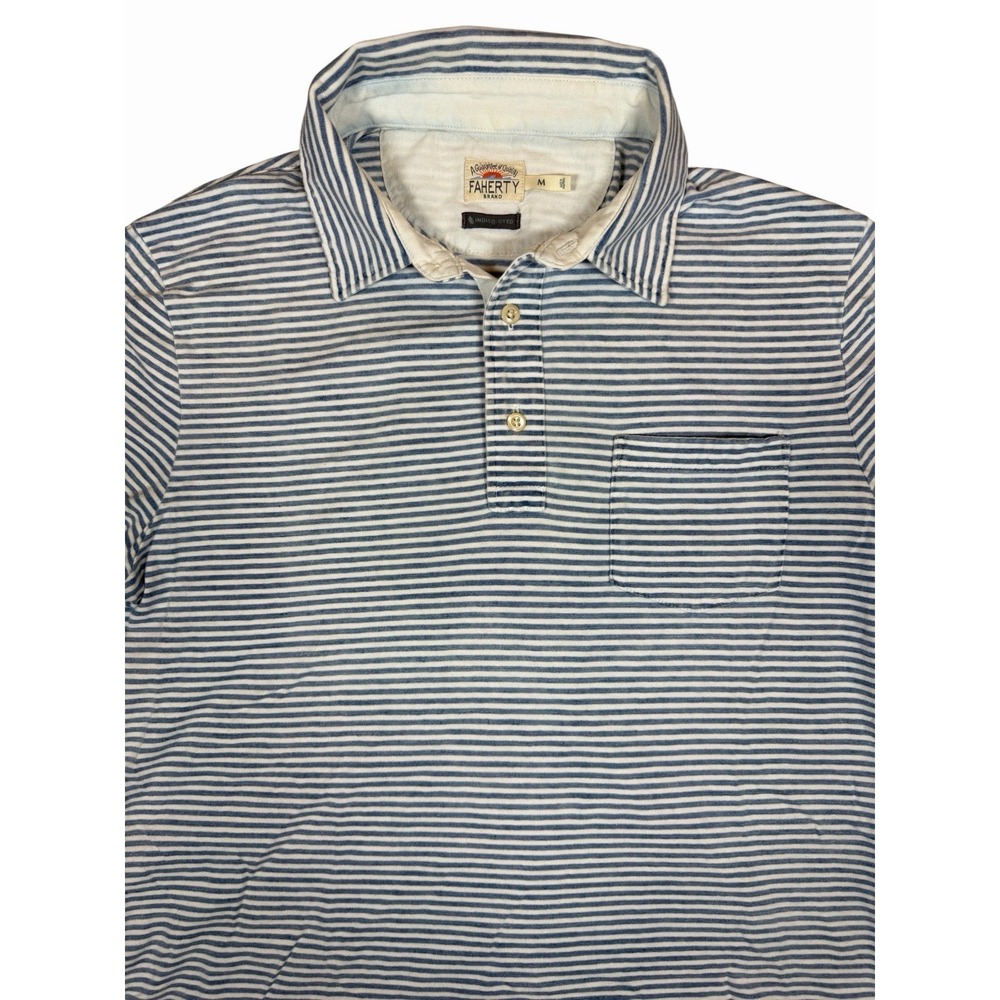 Faherty Indigo Dyed Polo Shirt Mens M Blue White Stripe Organic Cotton Pocket